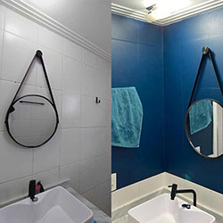 Antes e depis - Envelopamento de parede de banheiro - Azul Petróleo - Guarulhos - SP