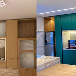 Envelopamento de armários de cozinha - Antes e depois - Jateado Green - Cotia - SP