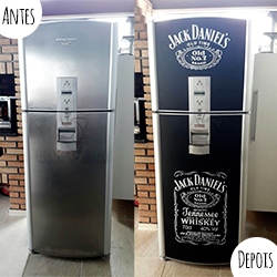 Envelopamento geladeira com Jack Daniels em recorte e Preto Fosco - Antes e Depois